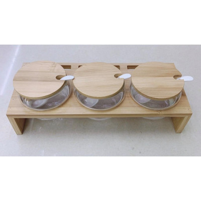 Bộ 3 hũ đựng gia vị thủy tinh cao cấp khay gỗ tre 