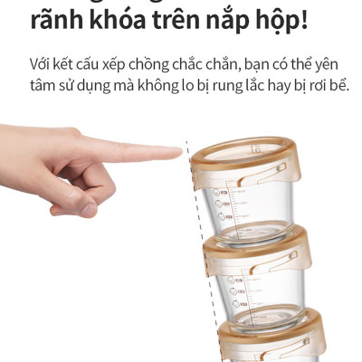 Bộ 3 hộp thủy tinh đựng thực phẩm cho bé LocknLock Baby Food container LLG542S3IVY - 280ml, Nắp vặn chống tràn, chất liệu không BPA an toàn cho trẻ em, có vạch chia - Hàng chính hãng