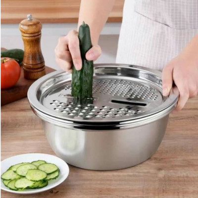 set 3 chậu rổ nạo inox tặng kèm kình giữ nhiệt xương rồng cao cấp