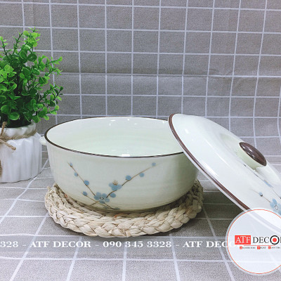 Âu cơm men kem Bát Tràng cao cấp vẽ hoa đào xanh