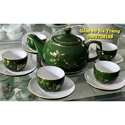 Ấm chén men xanh lòng trắng vẽ hoạ tiết sen vàng kim  Gốm sứ Bát Tràng cao cấp
