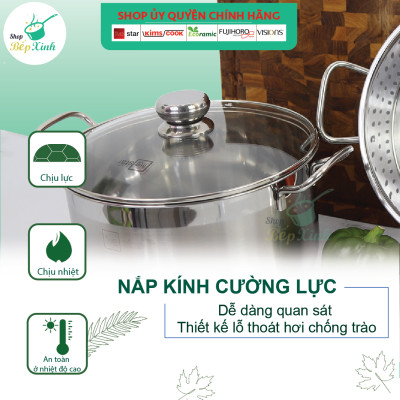 Bộ xửng hấp 3 đáy inox 430 FiveStar Standard  nắp kính size 26cm tặng 5 muỗng ăn