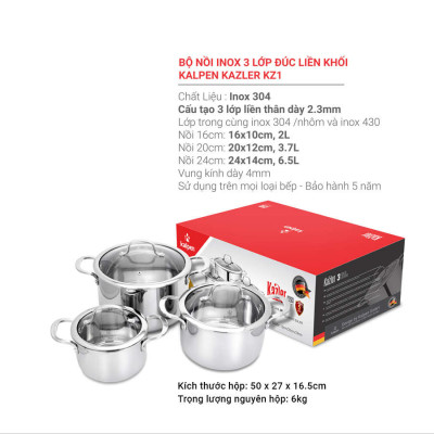 Bộ 3 Nồi Inox 3 Lớp Liền Khối Kalpen Kazler KZ1 Size 16,20,24cm Chuẩn Đức