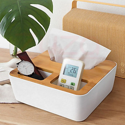 Hộp giấy rút mặt gỗ 3 ngăn đặt bàn cao cấp