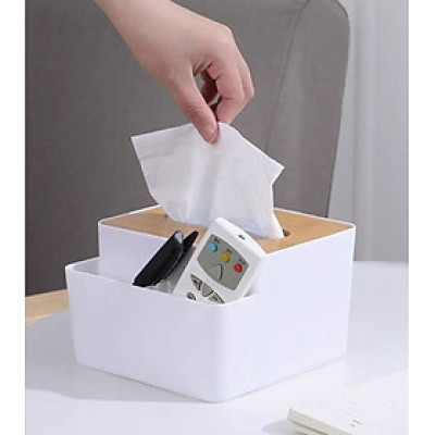 Hộp, Kệ Đựng Khăn Giấy Ăn Nắp Gỗ Nordic Kèm 2 Ngăn Chứa Đồ Đa Năng Tiện Lợi