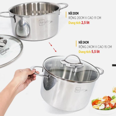 Bộ nồi và chảo chống dính vân đá inox 304 cao cấp FiveStar Plus 5 chiếc 3 lớp đáy liền nắp kính, bảo hành 25 năm , tặng 1 vá canh