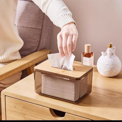 HỘP ĐỰNG GIẤY ĂN NHỰA MIKA TRONG SUỐT NẮP GỖ TRE PHONG CÁCH BẮC ÂU