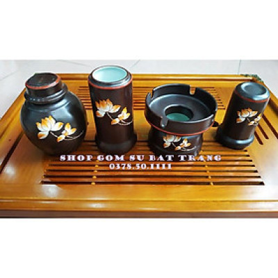 Bộ ấm trà men nâu vẽ hoa đào, hoa sen