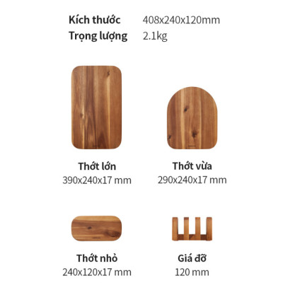 Bộ 3 Thớt Gỗ Acacia Kèm Giá Đỡ LocknLock CKD075S4 (hàng chính hãng)