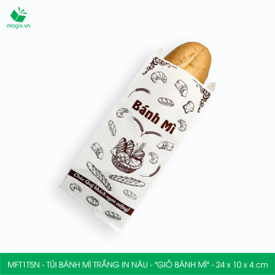 MFT1T5N - 24x10x4 cm - 100 Túi bánh mì Trắng, in sẵn họa tiết GIỎ BÁNH MÌ - Bao bánh mì Túi giấy thực phẩm an toàn