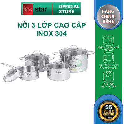 Bộ nồi chảo chống dính sâu lòng tổ ong 3 lớp đáy liền inox 304 Fivestar Plus quai oval nắp kính , tặng 1 sạn inox