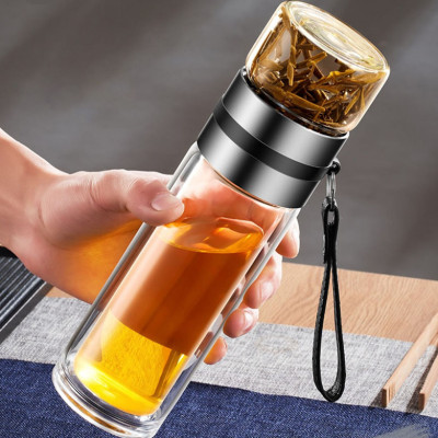 Bình Pha Trà Thuỷ Tinh 2 Lớp Cách Nhiệt Có Lõi Lọc Inox Chịu Nhiệt Cao Dung Tích 450ml Cầm Tay Tiện Lợi - HÀNG CHÍNH HÃNG MININ