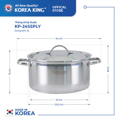 KP-24S5PLY Nồi inox 5 lớp đáy liền Korea King (Nồi, nắp đều bằng inox, đường kính 24cm, dung tích 5L)-Hàng chính hãng
