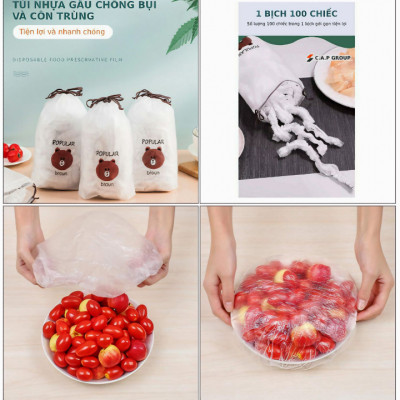 Set 100 màng bọc KG78 túi gấu bọc thực phẩm PE có chun bọc đồ ăn co giãn tái sử dụng - Hàng chính hãng