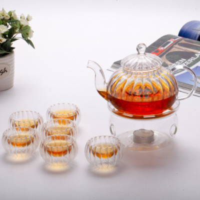 BỘ ẤM CHÉN PHA TRÀ THỦY TINH HOA CÚC KÈM KHAY TRE - ANTH679