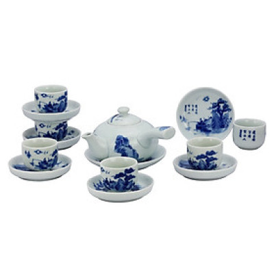 Bộ ấm chén men lam quai ngang vẽ Lã Vọng gốm sứ Bát Tràng (bộ bình uống trà, bộ bình trà)