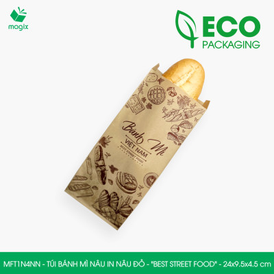 MFT1N4NN - 24x9.5x4.5 cm - 1000 Túi bánh mì Nâu, in sẵn họa tiết BEST STREET FOOD - Bao bánh mì Túi giấy thực phẩm an toàn