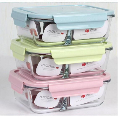 Hộp cơm trưa 3 ngăn bằng thủy tinh chịu nhiệt - tặng kèm thìa và đũa inox (giao màu ngẫu nghiên) 