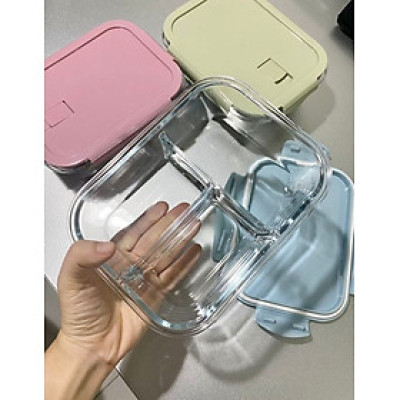 Hộp cơm trưa 3 ngăn bằng thủy tinh chịu nhiệt - tặng kèm thìa và đũa inox (giao màu ngẫu nghiên) 