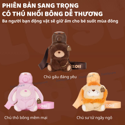 Bình nước cho bé đi học giữ nhiệt có ống hút ZoyZoii kèm túi gấu bông Animal Series Thermos Cup E20