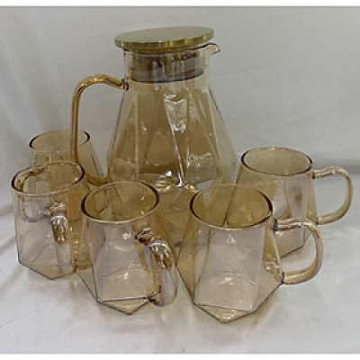 Bộ bình đựng nước thủy tinh kèm 6 ly màu vàng sang trọng - ANTH666