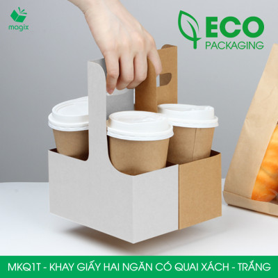 MKQ1T - 17.5x8x9 cm - Combo100 Khay giấy 2 ngăn quai xách màu trắng siêu chắc, hộp giấy 2 ngăn chống thấm đựng ly nước, hoa và quà tặng