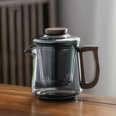 Bình pha trà thủy tinh 500ML màu Xám tay cầm gỗ kèm lõi lọc thủy tinh -Phân loại Bình và Ly riêng