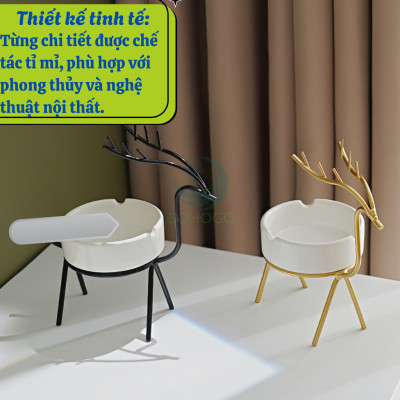 Gạt Tàn Hình Hươu Nghệ Thuật Cao Cấp- Gạt Tàn Trang Trí Kiểu Dáng Hươu Vàng- Gạt Tàn Sứ Hươu Vàng Phong Cách Bắc Âu- Gạt Tàn Sứ Kèm Giá Đỡ Hươu Kim Loại