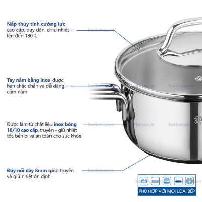 Quánh inox 18/10 Korkmaz Perla 1.6 lít có nắp - 16x8 cm