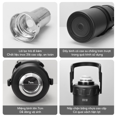 Bình giữ nhiệt Lebenlang LBL3025, phích giữ nhiệt dung tích 6L, inox 316, có lõi lọc, quai cầm tiện lợi, cốc uống tích hợp - hàng chính hãng