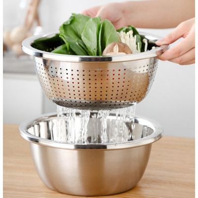 set 3 chậu rổ nạo inox tặng kèm kình giữ nhiệt xương rồng cao cấp