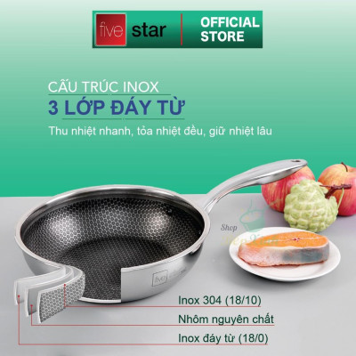 Bộ nồi chảo chống dính tổ ong sâu lòng 3 lớp đáy liền inox 304 Fivestar Plus 5 món quai oval nắp kính , tặng 1 vá canh