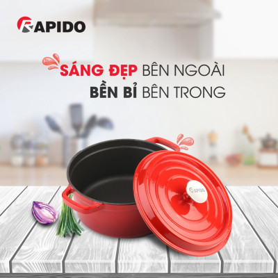 Nồi gang đúc tráng men Rapido cao cấp size 24cm phù hợp mọi loại bếp gia đình - Hàng chính hãng