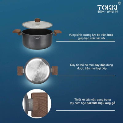 Bộ 2 nồi 1 chảo nhôm chống dính 5 lớp Tokki Hàn Quốc TK82 đáy từ gồm nồi 20cm, 24cm và chảo 28cm