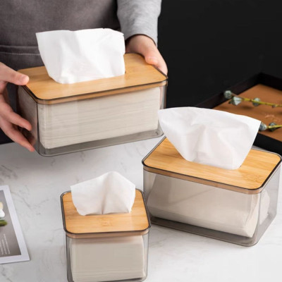 Hộp Đựng Giấy Ăn Khăn Giấy Nhựa MiKa Trong Suốt Nắp Gỗ Tre Tự Nhiên Màu Sắc Kiểu Dáng Phong Cách Bắc Âu