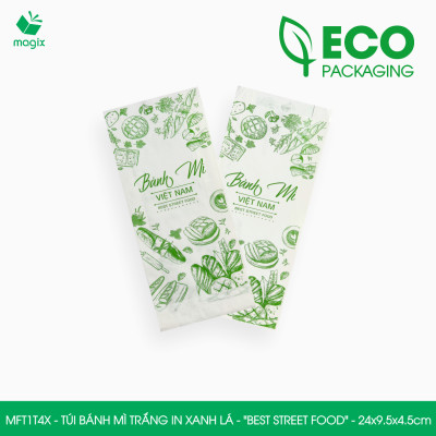 MFT1T4X - 24x9.5x4.5 cm - 1000 Túi bánh mì Trắng, in sẵn họa tiết BEST STREET FOOD - Bao bánh mì Túi giấy thực phẩm an toàn