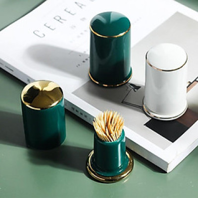 (Hàng Có Sẵn) Hũ Đựng Tăm Trơn Gốm Sứ Viền Vàng Cao Cấp