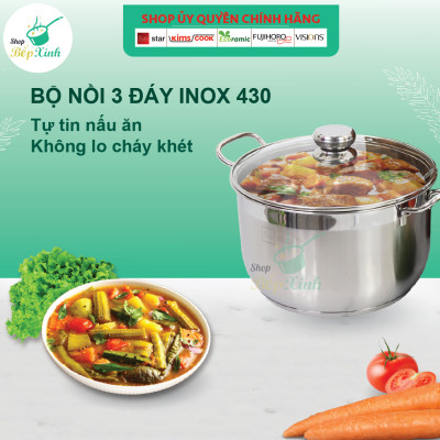 Bộ xửng hấp 3 đáy inox 430 FiveStar Standard  nắp kính size 26cm tặng 5 muỗng ăn