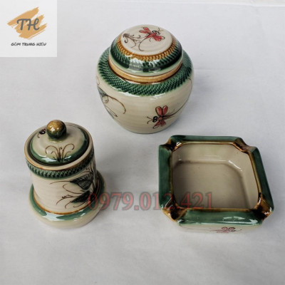 Bộ ấm chén Bát Tràng men bóng vẽ Chuồn khoai đủ phụ kiện