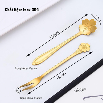 Thìa nĩa inox vàng tạo hình cao cấp | Thìa nĩa hoa anh đào cao cấp