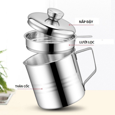 Ca Lọc Dầu Ăn Inox 304 Dày Dặn 1.2l, Dụng Cụ Lọc Nước Inox Dụng Cụ Nhà Bếp