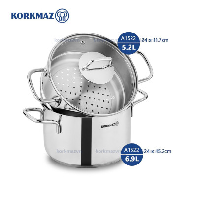 Bộ nồi xửng hấp inox 18/10 Korkmaz Perla 24cm