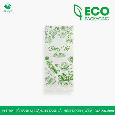 MFT1T4X - 24x9.5x4.5 cm - 1000 Túi bánh mì Trắng, in sẵn họa tiết BEST STREET FOOD - Bao bánh mì Túi giấy thực phẩm an toàn