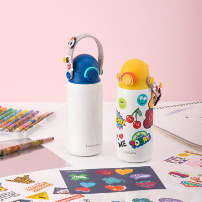 Bình giữ nhiệt Lock&Lock DIY Strap Tumbler 350ml màu xanh vàng LHC3283YEL - Hàng chính hãng, hoạ tiết dễ thương, đựng nước cho bé - JoyMall