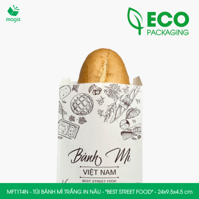 MFT1T4N - 24x9.5x4.5 cm - 500 Túi bánh mì Trắng, in sẵn họa tiết BEST STREET FOOD - Bao bánh mì Túi giấy thực phẩm an toàn