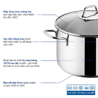 Nồi inox 18/10 Korkmaz Perla 5.5 lít - 24x12 cm