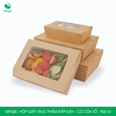 MFH2B - 900ml - 50 hộp giấy kraft đựng thực phẩm, hộp giấy đựng thức ăn có cửa sổ, hộp đựng cơm