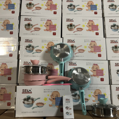 Bộ nồi chảo đá hình hoa cho bé ăn dặm cao cấp chống dính kèm lồng hấp nấu chế biến đồ gia đình dùng được bếp từ