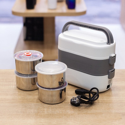 Hộp Cơm Cắm Điện, Hộp Cơm Văn Phòng, Hâm Nóng Và Có Thể Nấu Chín Thức Ăn, Hộp Cơm 4 Ngăn Ruột Inox 304 Cao Cấp - Hàng Nhập Khẩu