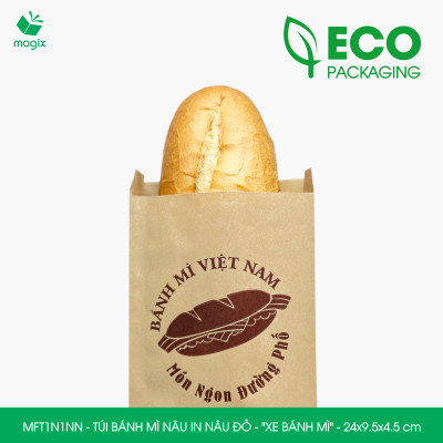 MFT1N1NN - 24x9.5x4.5 cm - 100 Túi bánh mì Nâu, in sẵn họa tiết XE BÁNH MÌ - Bao bánh mì Túi giấy thực phẩm an toàn